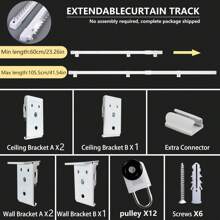 1 Set 23.26-41.54 Inch, 27.56-49.21 Inch Extendable Wall Or Ceiling Mount Curtain Track System, Suitable For Track Curtains, Expandable Ceiling Curtain Rail, Room Divider Rod, Fully Adjustable Sliding Curtain Track (No Assembly Required)