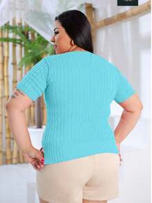 Women's Plus Size Ribbed Knit Blouse Short Sleeve - Water Green - View 2
