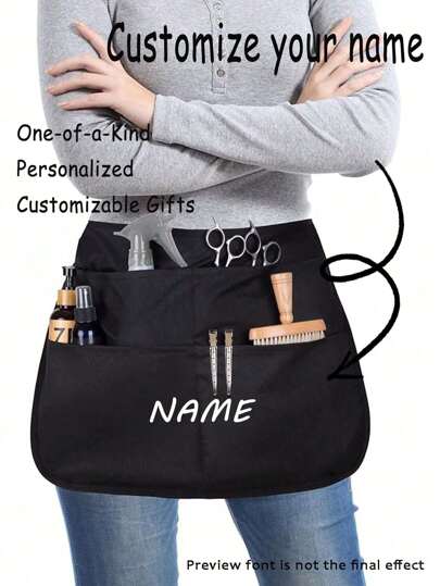 1Pc Personalized CustomUnisex Apron With 5 Pockets - Customizable Short Half Waist Waiter Work Uniform Hair Stylist Black Apron Hairdresser Beauty Salon Cosmetologist Cosmetology School Barber Gift Custom,For Kitchen, Hotel, Restaurant, Cooking, Baking, And Chef Use, Perfect For Personalized Text Or Logo,Home Harmony