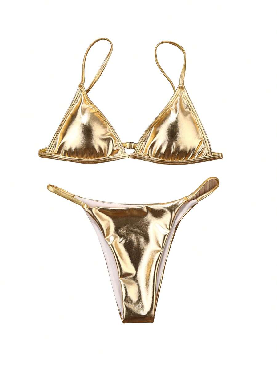 Women Summer Solid Color Sexy Bikini Set Shine Gold Bra And Low-Rise Triangle Shorts Swimming Suit - Gold - View 1