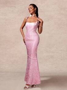提花无袖鱼尾长裙、派对礼服、长袍、正式礼服、晚礼服、婚礼宾客礼服 - 粉色 - 查看 8