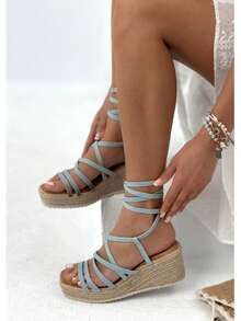 Sandalias de cuña con suela de cuerda y tiras cruzadas - Estilo de verano - Azul - Ver 1