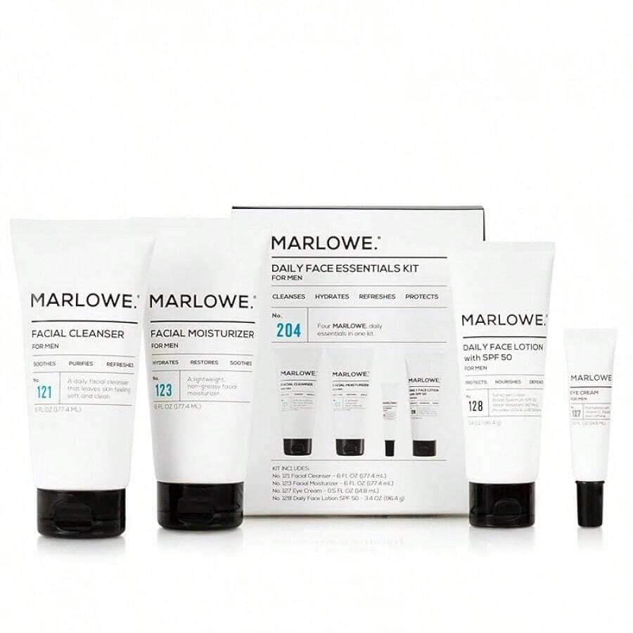 MARLOWE. No. 128 Men's Lotion With Sunscreen SPF 50, 3.4 Oz, Oil-, Lightweight Daily Face Moisturizer Men, Includes Natural Extracts To Hydrate, Nourish & Soothe - Daily Essentials Kit - 查看 1