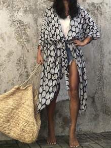 Boho Style Rayon Kimono Dress - Black & White Leaf Print, Vacation Casual, With Belt, V-Neck, Short Sleeve, Lightweight & Fashionable Women Allover Print Belted Wrap Dress With Bow