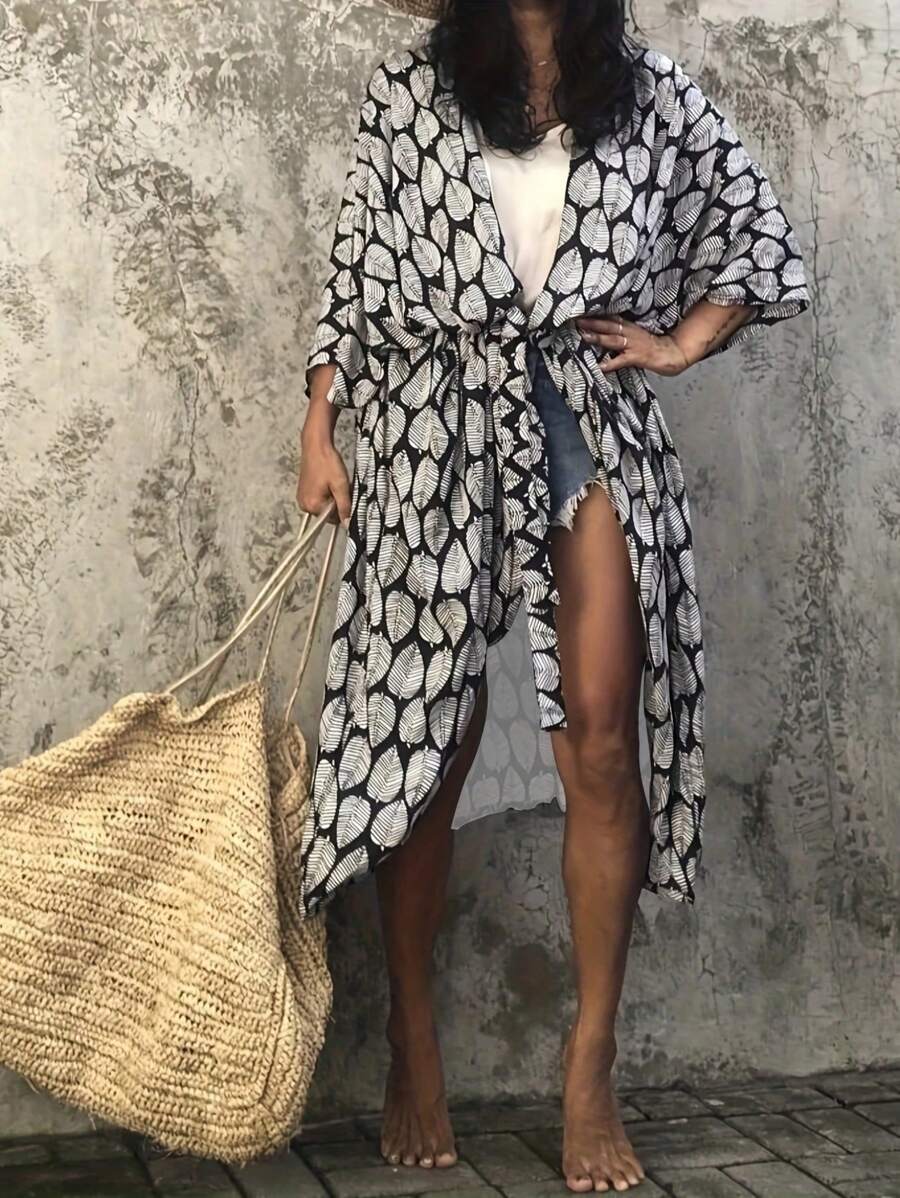 Boho Style Rayon Kimono Dress - Black & White Leaf Print, Vacation Casual, With Belt, V-Neck, Short Sleeve, Lightweight & Fashionable Women Allover Print Belted Wrap Dress With Bow