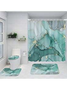 1/4 Pcs Blue & Green Marble Pattern Bathroom Set, Waterproof Shower Curtain With 12 Hooks, U-Shaped Rug, Toilet Lid Cover, L-Shaped Mat, Beautiful Bathroom Decor Accessories Fall Decor Bathroom Accessories Back To School