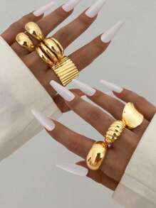 8/5/3pcs Set Oversized, Textured, Asymmetrical-Shaped, Multi-Layer, Hollow Design, Metallic Chunky Rings, Exaggerated, Sexy, Fashion, Simple, Elegant, Retro Design, Holiday, Party, Date, Gift, Daily Wear
