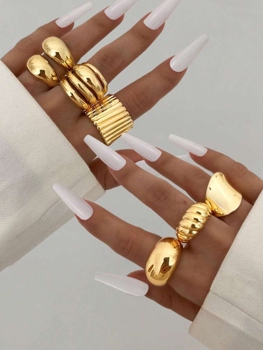 8/5/3pcs Set Oversized, Textured, Asymmetrical-Shaped, Multi-Layer, Hollow Design, Metallic Chunky Rings, Exaggerated, Sexy, Fashion, Simple, Elegant, Retro Design, Holiday, Party, Date, Gift, Daily Wear