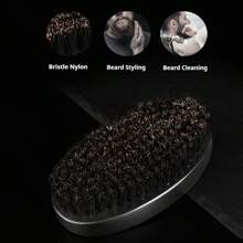 2pcs Men's 360 Degree Wavy ABS Plastic Black Oval Wooden Beard Brush Set, Beard & Hair Styling Tool, Grooming Cleaning Brush