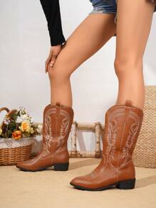 Women's Fashion Embroidered Leather Brown Western Boots, Pointed Toe Chunky Heel Mid-Calf Boots, Stylish Low Heel Chunky Heel Punk Chelsea Boots For Outdoor Casual And Fashion