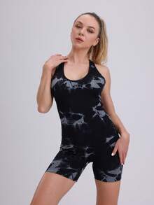 2024 conjunto deportivo Conjunto manchado,  Mono ajustado de cuello redondo y sin mangas de color sólido,  tejido de canalé de cintura ancha conjunto de tenis para mujeres - Negro - Ver 6