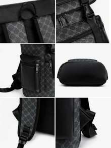 男士 PU 皮革图案格子背包，大容量旅行背包，学院风笔记本电脑包，2000 年代风格