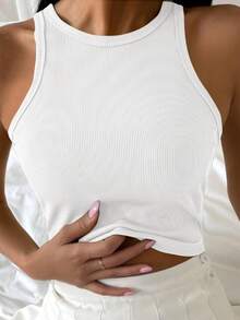 Women's Casual Solid Color Simple Top, Fashionable Daily Wear Crop Top - White - View 1