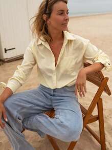 Women Casual Long Sleeve Striped Shirt With Wrist Detail - Lightweight Polyester, Button Collar, Suitable For Spring/Summer/Autumn, Beach Or Outdoor Trips, Pocket Button