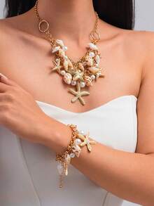 1 Set Summer Beach Vacation Seashell, Starfish Necklace & Bracelet Jewelry Set, Gold Vintage Bohemian Ocean Style Pendant Necklace And Bracelet For Ladies - Multicolor - View 2