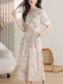 Vestidos de Fiesta Dama De Manga Corta De Floral Con Cuello En V,  Vestidos Elegantes Dama De moda De Estampado Romántico,  Vestidos Largo Dama De Manga Corta De Versátil Para Fiesta - Azul y blanco - Ver 4