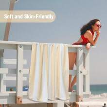 1 PC Large Oversized Beach Towel 31''x71'', Microfiber Pool Towel, Pink Striped Quick Dry Cabana Swim Towel - Beige - View 2
