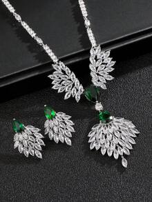 1 Set 3pcs Luxury Waterdrop Zirconia Necklace & Earrings Jewelry Set, Bridal Wedding Party Evening Dress Accessories For Women - Water Droplets - View 7