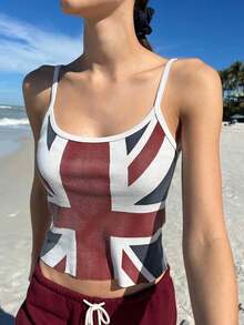 Women Y2k Crop Camisole Tops Vintage American Flag Backless Sleeveless Spaghetti Strap Tank Tops Slim Fit  Patriotic T Shirts Union Jack Cami Tops Graphic Tees Summer Club Streetwear For Teen Girls 4th Of July Outfit Aesthetic Clothes - 紅色 - 查看 3