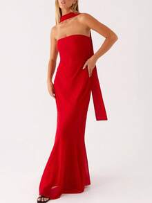 Womens Floral Strapless Dress Y2k Backless Sleeveless Tube Maxi Long Dresses Sexy Mesh Bodycon Summer Beachwear - 紅色 - 查看 2