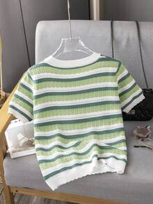 GIGOGOU Nueva camiseta de mujer de verano con mangas cortas, rayas, tejido de punto y calada