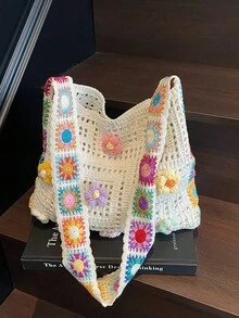 1 Pc New Style Girls' Floral Embellished Knitted Large Capacity Single Shoulder Bag, Open Top With Closure, Lightweight And Portable, Fashionable, Elegant, Perfect For Vacation Style, Daily Outings, Shopping, Gatherings, Or As A Gift For Friends