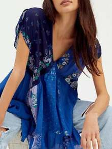 Women's Boho Mini Dress Y2k Floral Print Deep V-Neck Puff Sleeve Short Dress 2025 Summer Loose Beach Sundress - Blue - View 6