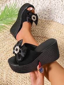 女士黑色蝴蝶水钻装饰带露趾拖鞋，居家、街头、派对、休闲穿着舒适，百搭