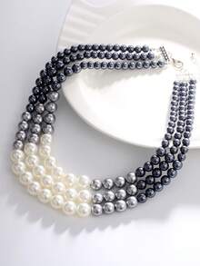 1pc European & American Style Multi-Layered Faux Pearl Fashion Necklace, Sweater Chain Jewelry Accessory - Black and White - View 3