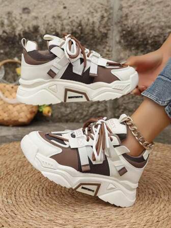 Women's Sports Style Brown Webbing Letter Decor Mesh Sneakers, Outdoor Breathable Versatile Thick Bottom Sports Running Shoes