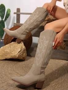 Matte Cowhide Retro Western Cowgirl Boots For Women, V-Cut High Shaft Long Boots With Embroidery, Knight Boots - Apricot - View 2