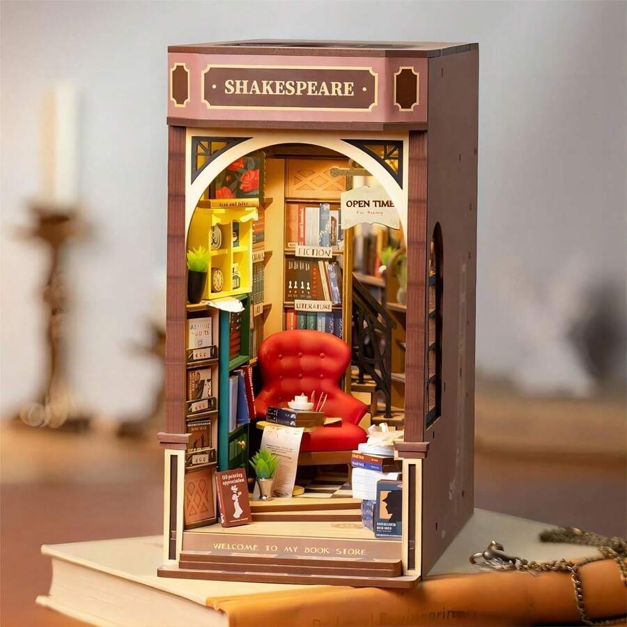 Robotime Rolife DIY Miniature Bookend House Kit - 3D Wooden Puzzle Book Nook With LED Lights, Bookshelf Home Decoration For Adults, Unique Christmas And Birthday Gifts For Women And Men
