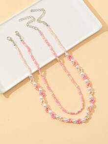 2pcs Boho Style Beaded & Pearl Flower Necklaces Set, Handmade Cute Necklaces Suitable For Vacation And Daily Wear - Pink - View 3
