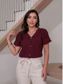 Women's Crepe Blouse With Button Lapel Collar Simple Casual Elegant - 酒紅色 - 查看 1