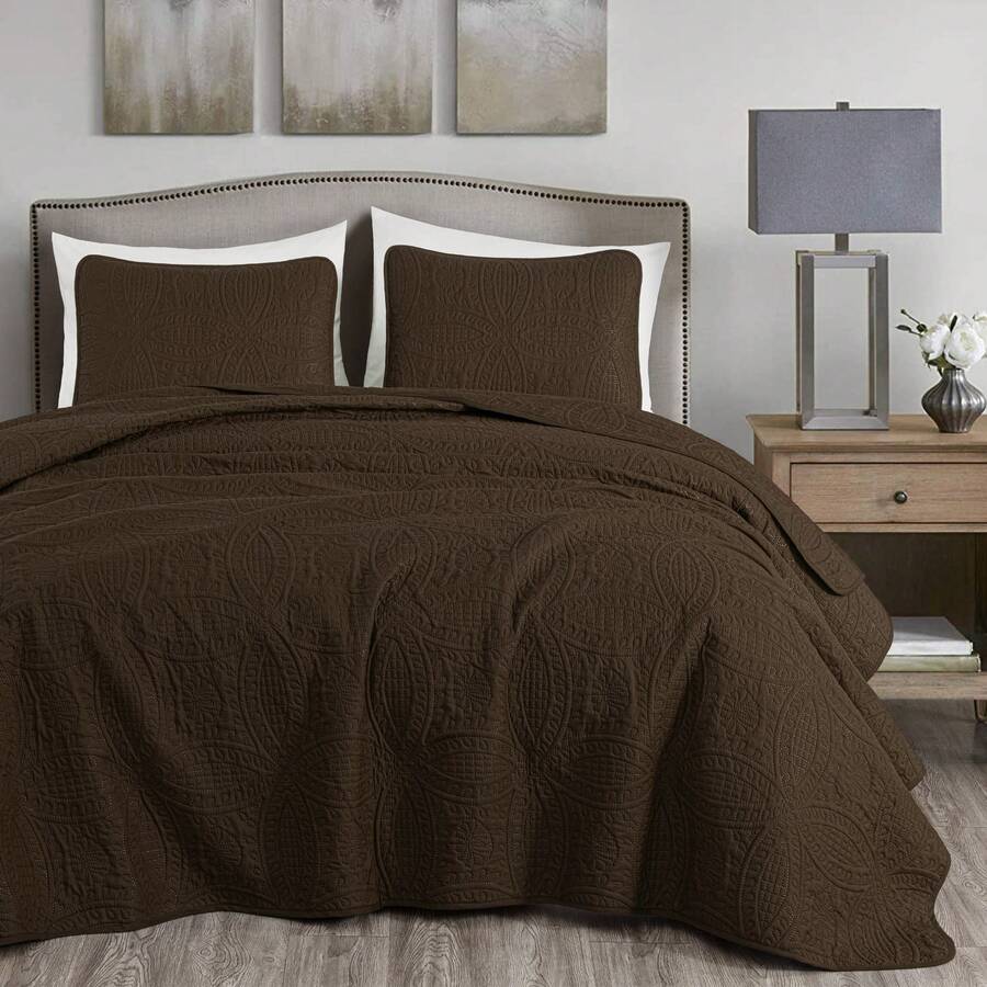 Austin Oversized Bedspread Set 3-Piece Ultrasonic Quilted Soft Lightweight Microfiber Coverlet For All Season - 巧克力棕 - 查看 1