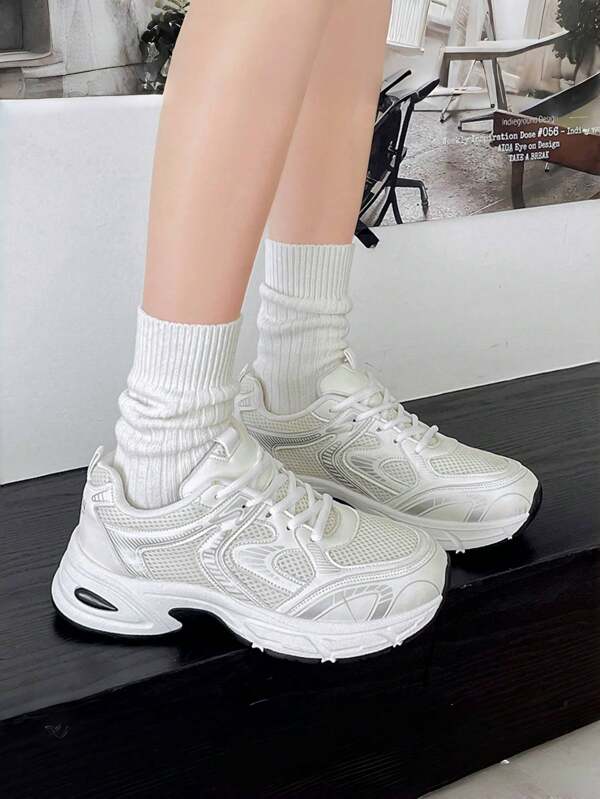 New Preppy Style Chunky Sneakers, Casual Sports Shoes, Mesh & Leather Patchwork, Breathable & Comfortable, Versatile Platform Wedge Heel Outdoor Walking Shoes, Retro Gump Shoes For Commuting