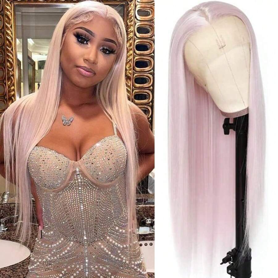Stunning Purple Hair Synthetic Lace Front Wigs 26 Inch Pre Plucked Long Straight Hair Wigs 13X4 HD Lace Wigs Glueless Dark Purple Colored Wigs Heat Resistant Halloween Wigs Deep Purple Long Silky Straight Lace Front Wigs For Fashion Women For Daily Christmas Party Cosplay Use - Ice Pink - 查看 1