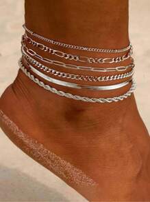 Sanrio 5 Pcs Set Of Simple Silver Multi-Layer Ankle Chains, Elegant Ankle Chains, Women's Charming Beach Party Ankle Chain Set