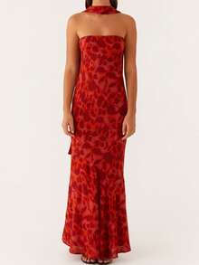Women Y2k Floral Tube Maxi Dress With Scarf Sleeveless Strapless Backless Mesh Long Bodycon Dresses Formal Cocktail Sundress - 酒紅色 - 查看 3