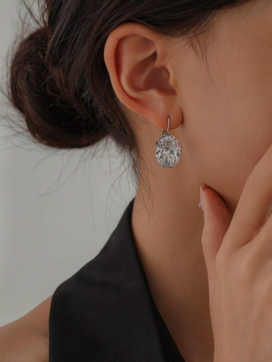 1 Pair Bling Bling Big Oval Cubic Zirconia Hoop Earrings For Women Jewelry Gift - Bạc - Xem 1