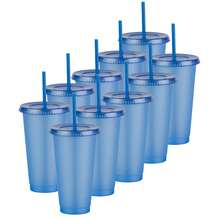 Paquete 10 Vasos Reusables Con Popote Para Bebidas Frías 24 Oz - Azul Glitter Translucido - Ver 2