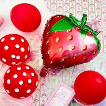 13pcs Strawberry Balloon Set, 28.35in Foil Party Decorations - Red & Pink With Green Leaves, Reusable, Summer Party & Celebration, Fun Design, Strawberry Themed Items