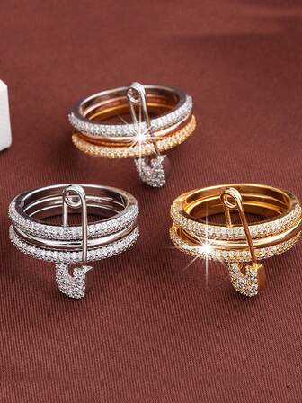 三色三环时尚女士戒指，可拆卸，锆石装饰，适合女性日常搭配、派对、礼物、配饰