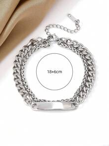 1pc Stainless Steel Smooth Strip Curved Double Layered Chain Bracelet For Women's Neutral And Minimalist Style Jewelry - Silver - View 4