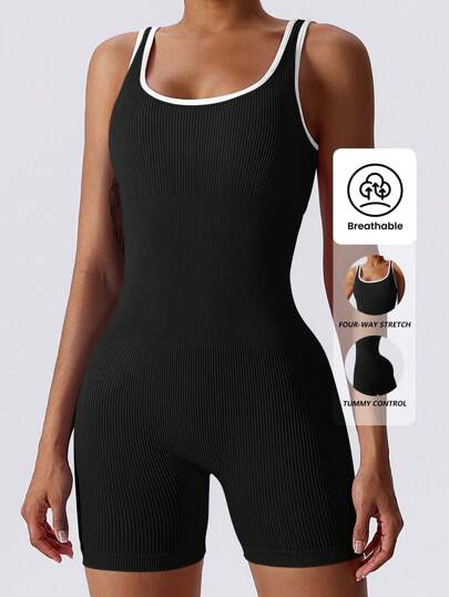 Yefecy Yoga Basic Solid Rib-Knit Seamless Sports Romper,Ribbed Solid Color Fashion Sports Jumpsuit,High Elastic Yoga Bodysuit,Women's Activewear Shapewear Bodysuit