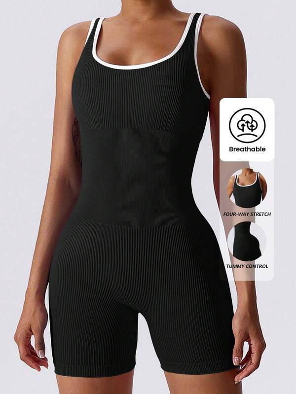 Yefecy Yoga Basic Solid Rib-Knit Seamless Sports Romper,Ribbed Solid Color Fashion Sports Jumpsuit,High Elastic Yoga Bodysuit,Women's Activewear Shapewear Bodysuit