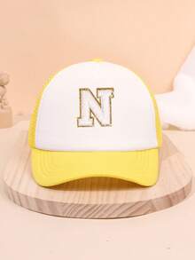 1PC Yellow Mesh Boys And Girls 26 Letter Trucker Hat For Outdoor Fun And Play Sun Protection For Boys And Girls Back To School Daily Wear, Holiday Gift - Yellow - View 53