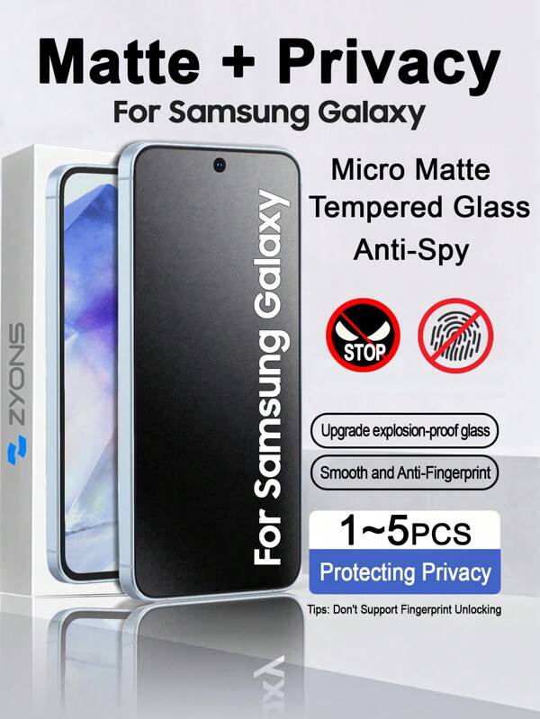 ZYONS 2 Pieces Privacy Matte Screen Protector For Galaxy, Compatible With Samsung Galaxy A56/A55/A54/A53/A52/A36/A35/A34/A33/A32/A26/A25/A24/A23/A22/A16/A15/A14/A13/A12/A06/A05/A04/A03/A02/S25/S24FE/S23/S22/M05/F05 Series, Anti-Glare Frosted Anti-Spy Tempered Glass Frosted Anti-Peeping Tempered Glass Frosted Anti-Peeping Full Coverage Delicate Touch Anti-Fingerprint Easy To Installation Anti-Fall Game Companion Smooth Oil Gift For Birthday, Family, Friends Phone Screen Protector, Phone Accessories