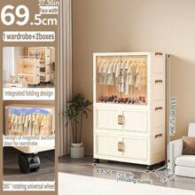 Foldable Transparent 2-Door Children Wardrobe With Drawers, Storage Cabinet Organizer Rack, No Assembly Required
