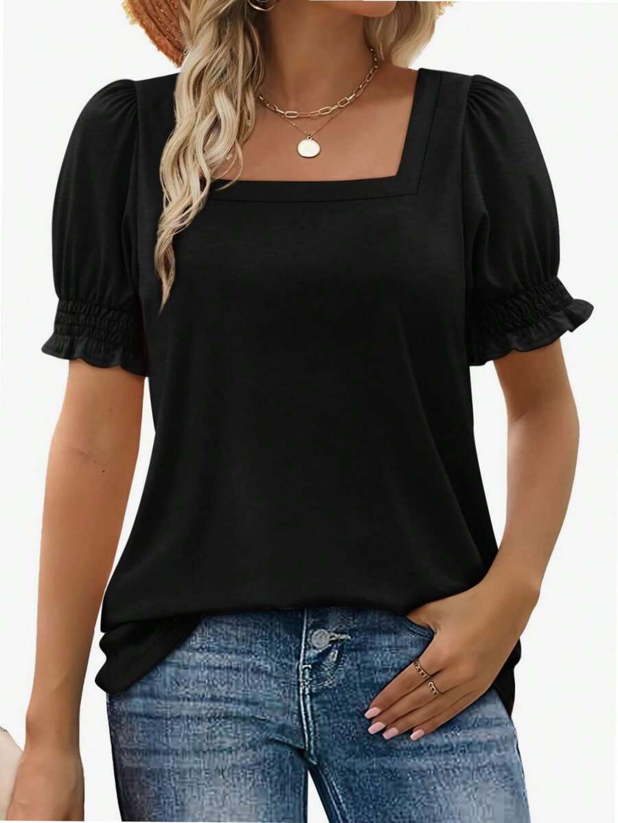 hupos Women's Casual Square Neck Short Sleeved Summer T-Shirt - màu đen - Xem 1